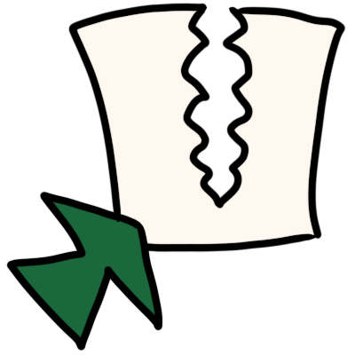 a white rectangle torn most of the way through, an angled green arrow pointing up at it.